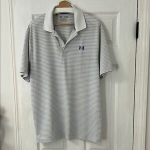 Under Armour Men's white and blue pin stripe loose fit Golf Polo shirt size XL